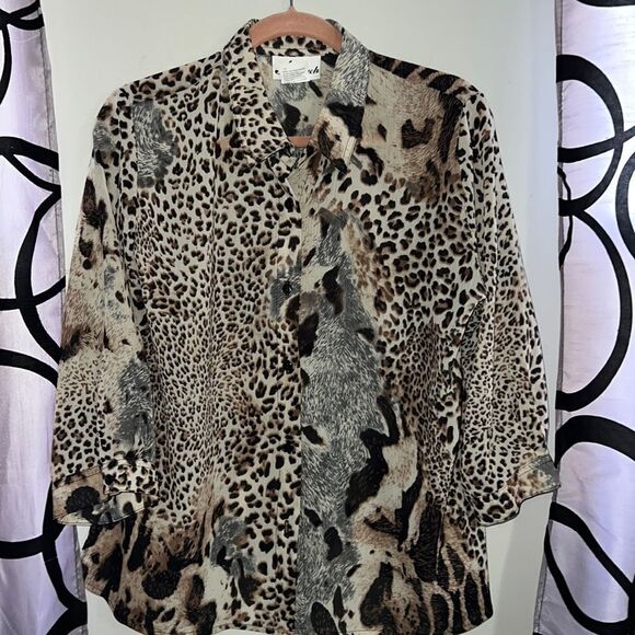 Vintage Animal Print Blouse Shirt Semi Sheer 90s Tiger Print by N Touch Medium - Picture 1 of 7